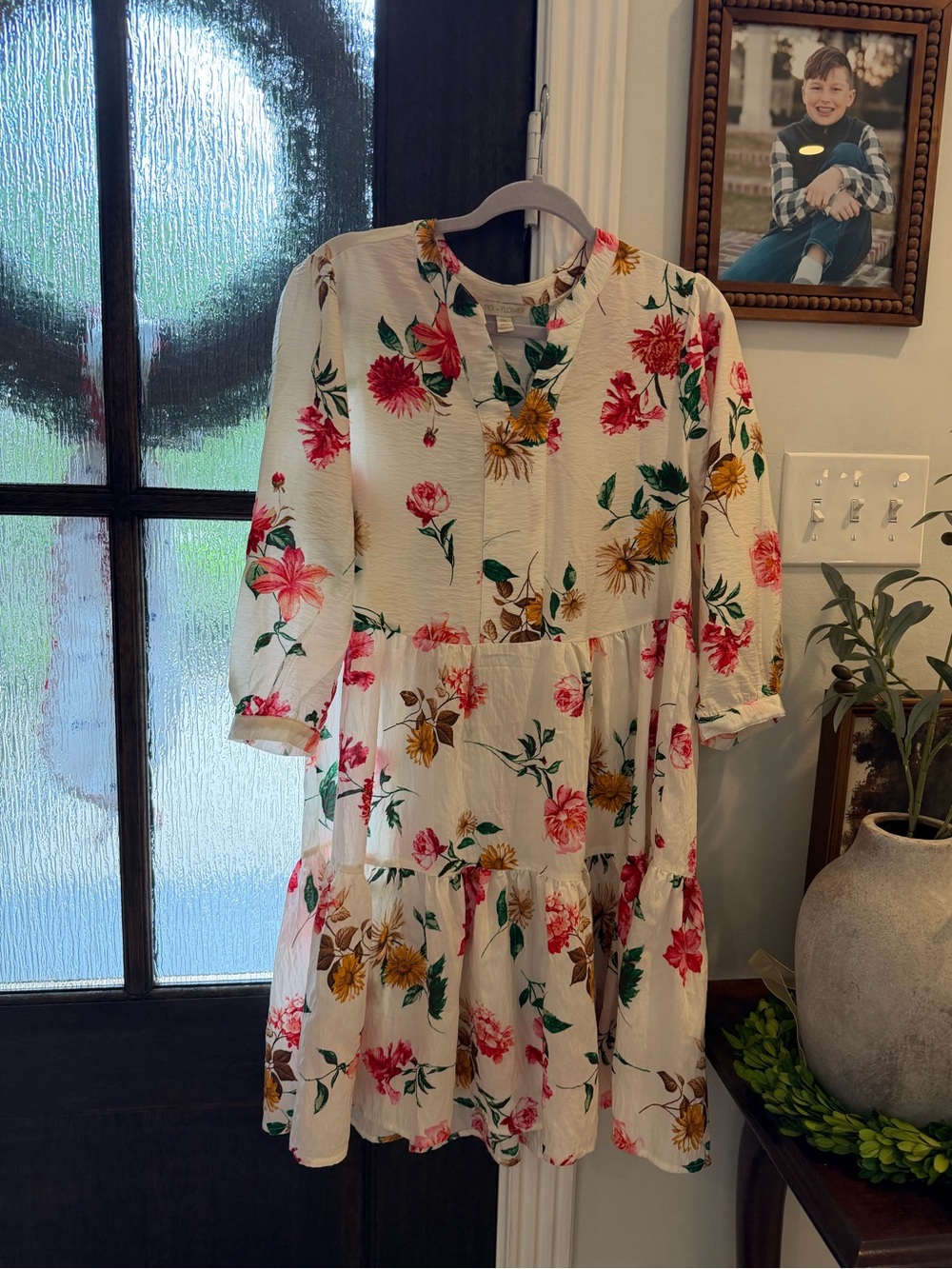 Floral Tiered Long Sleeve Dress — White with Pink & Yellow Blooms